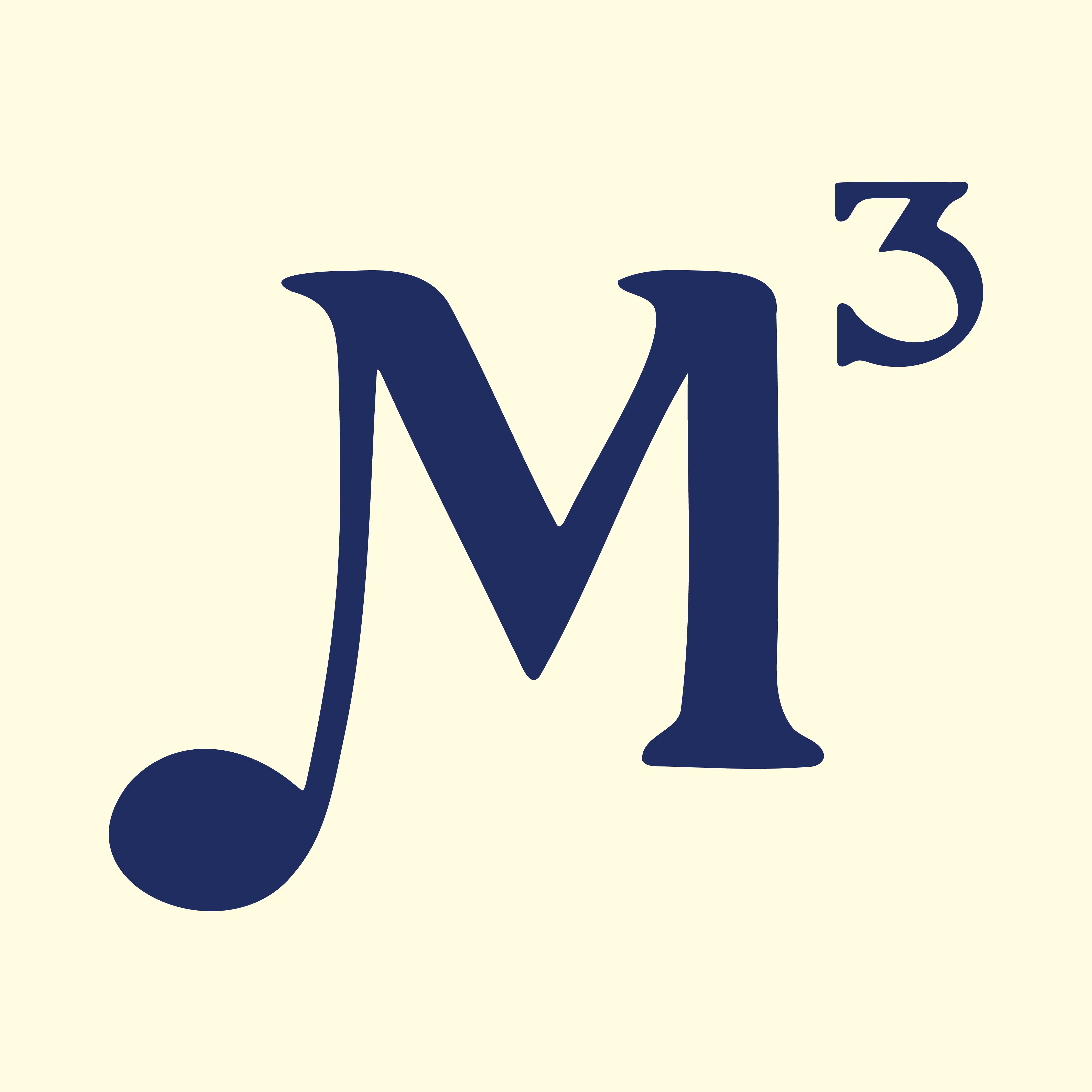 Logo: Stylised M, with a music note and maths cubed symbol.